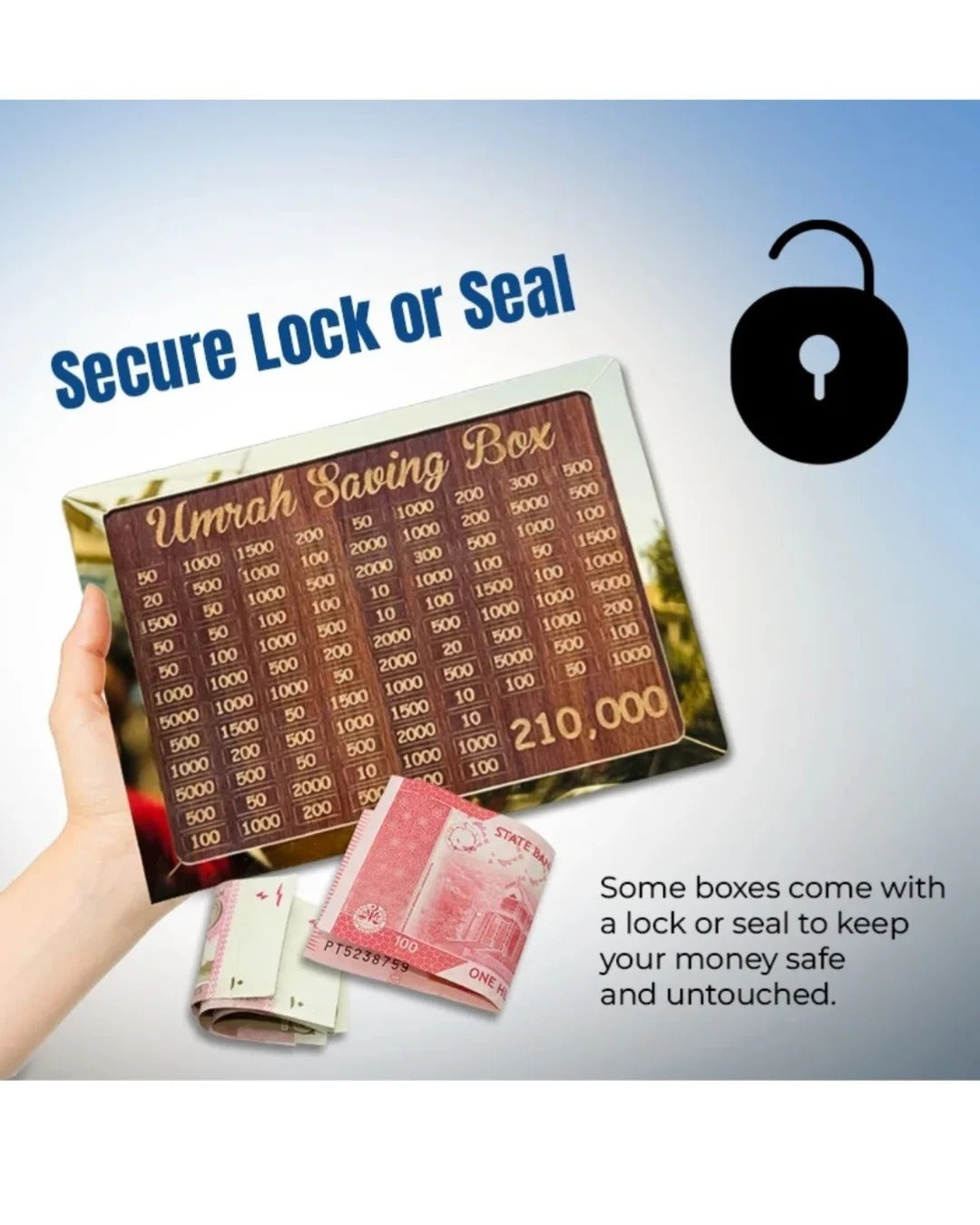 Premium Wooden Umrah Saving Box Elegant Islamic Design, 210,000 Goal Money Box for Umrah Fund